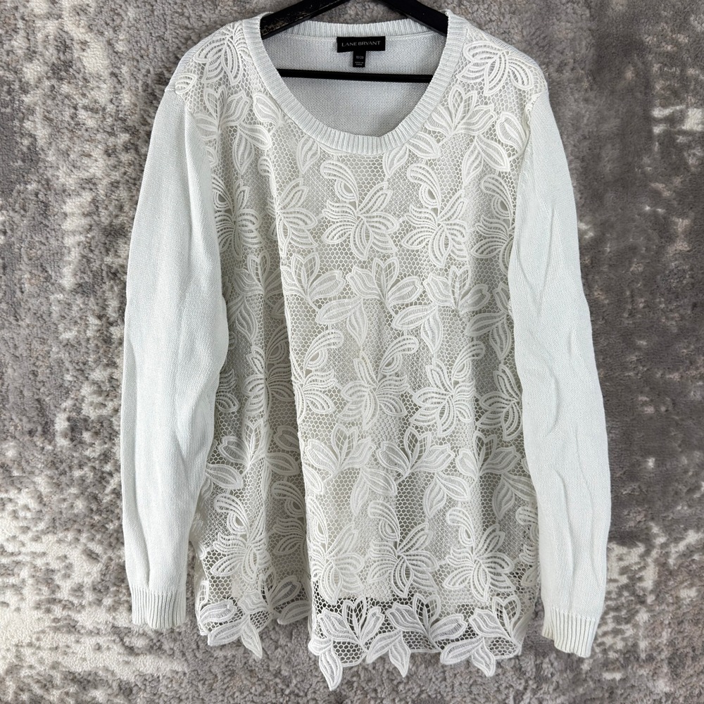Lane Bryant Plus Sz 18/20 Lace Front Floral Knit Sweater White Long Sleeve Women